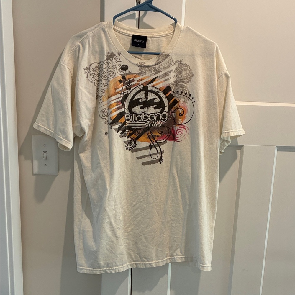 Billabong White Short-Sleeve Tee with Black, Orange and Pink Graphic